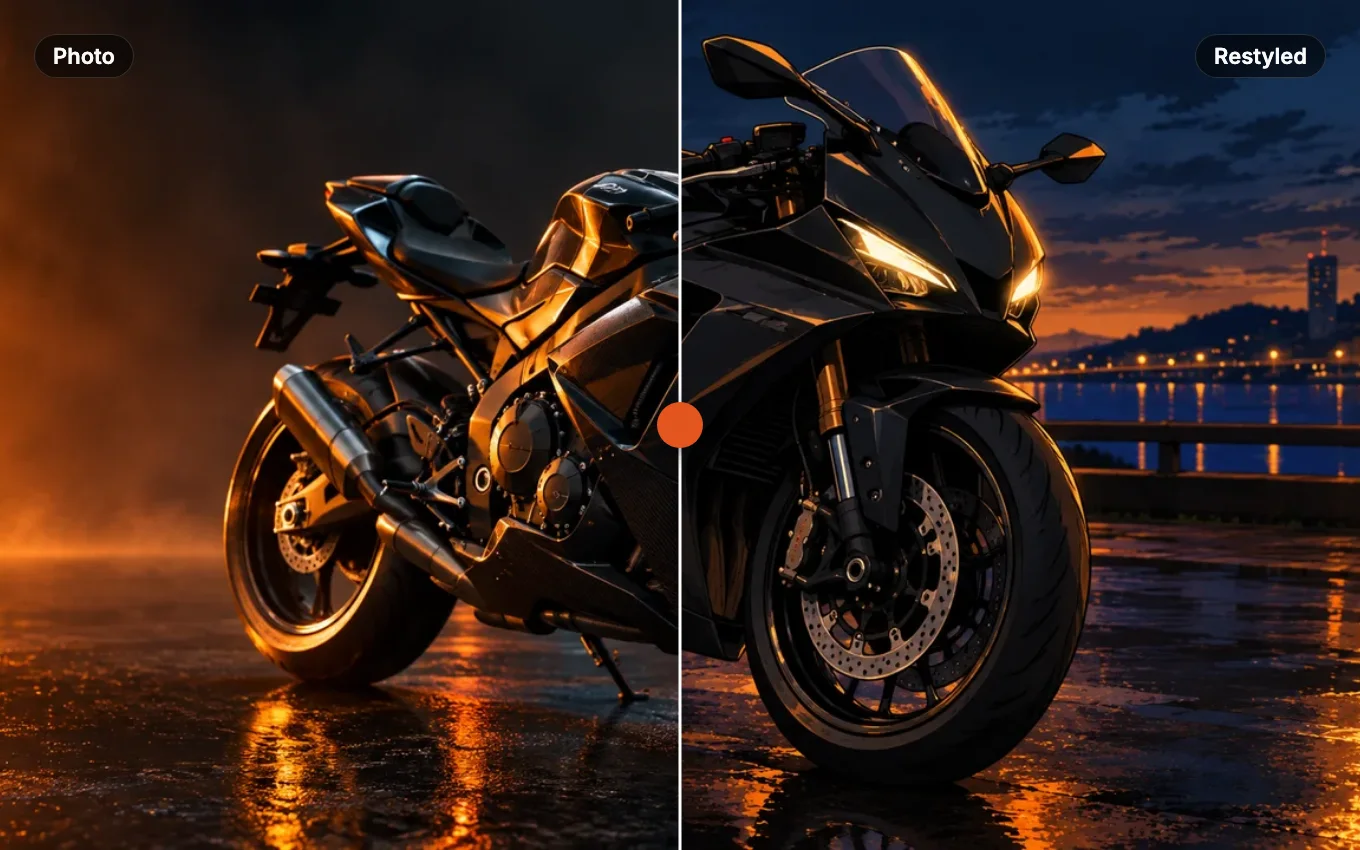 A generated product still next to the same subject restyled, split by a comparison slider