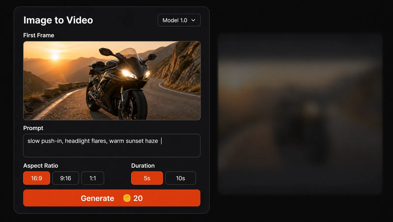 An image to video form with an uploaded first frame, a prompt, and aspect ratio and length set
