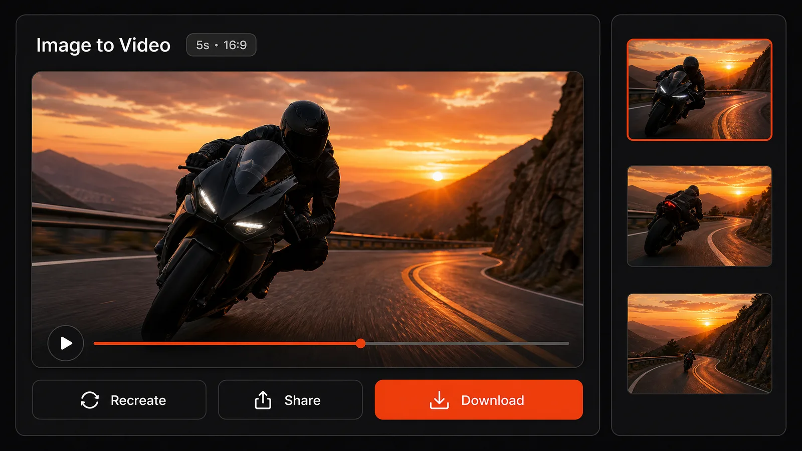 A finished video with Recreate, Share, and Download buttons and earlier results beside it