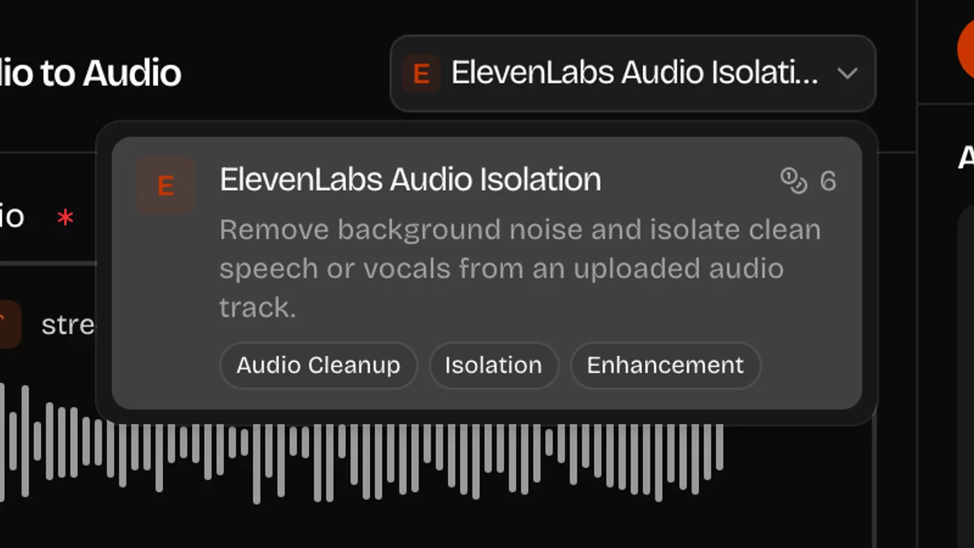 The ElevenLabs Audio Isolation model card showing its credit cost