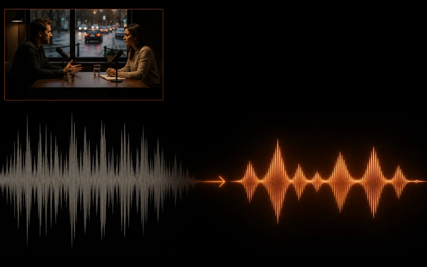 A noisy interview recording being cleaned up