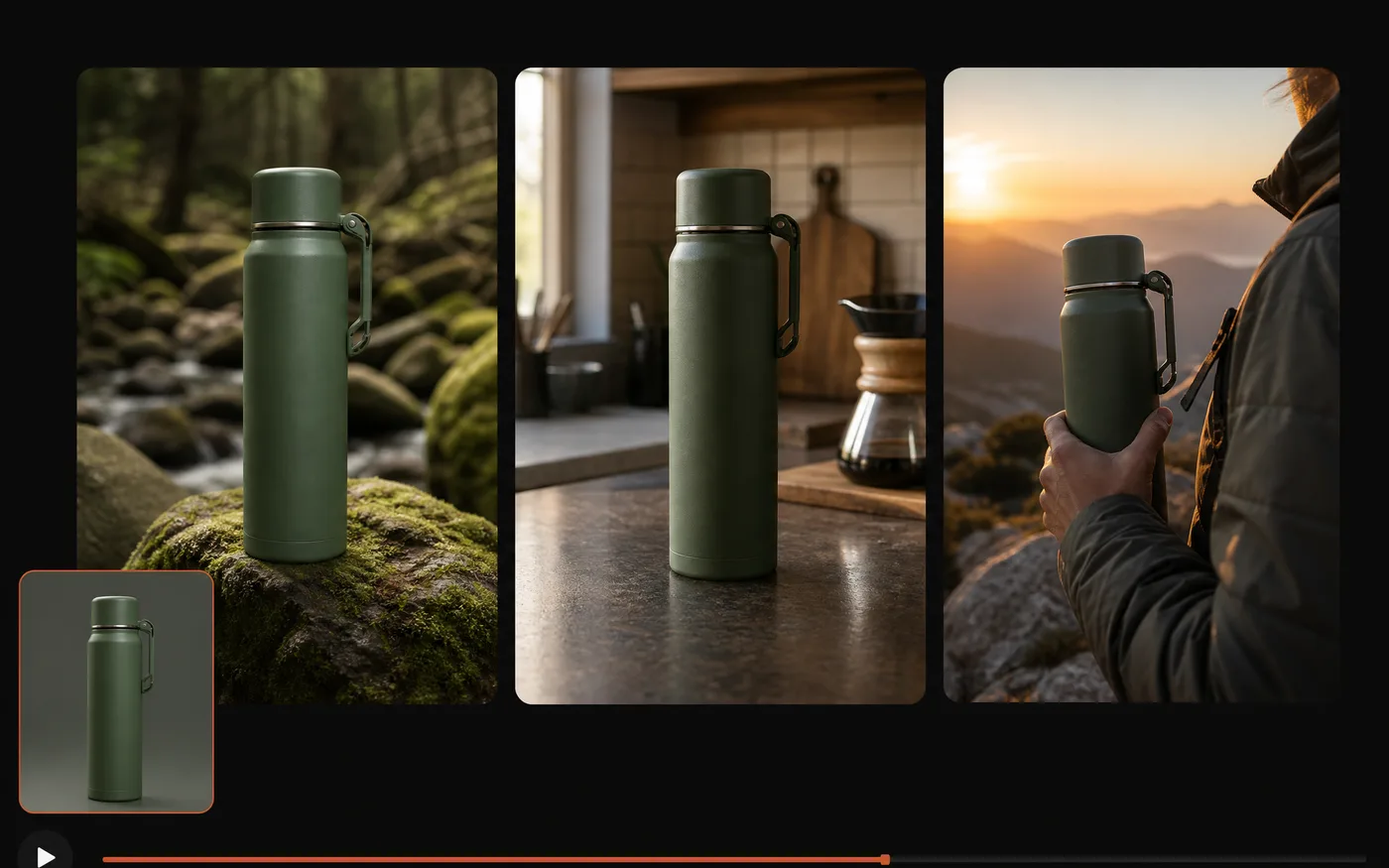 A product kept identical across several generated clips