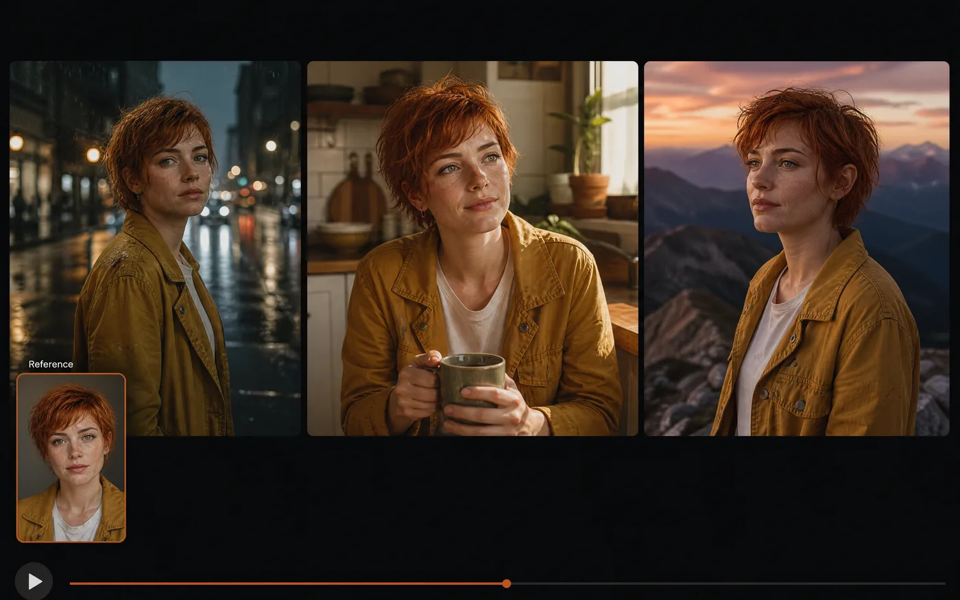 The same AI character appearing across several video clips