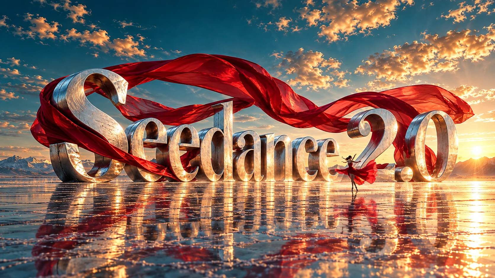 Cinematic Seedance 2.0 sculptural lettering with flowing crimson ribbon